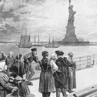 Old Image from a newspaper of Immigrants seeing Ellis Island