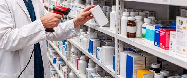 Pharmacist scanning medication